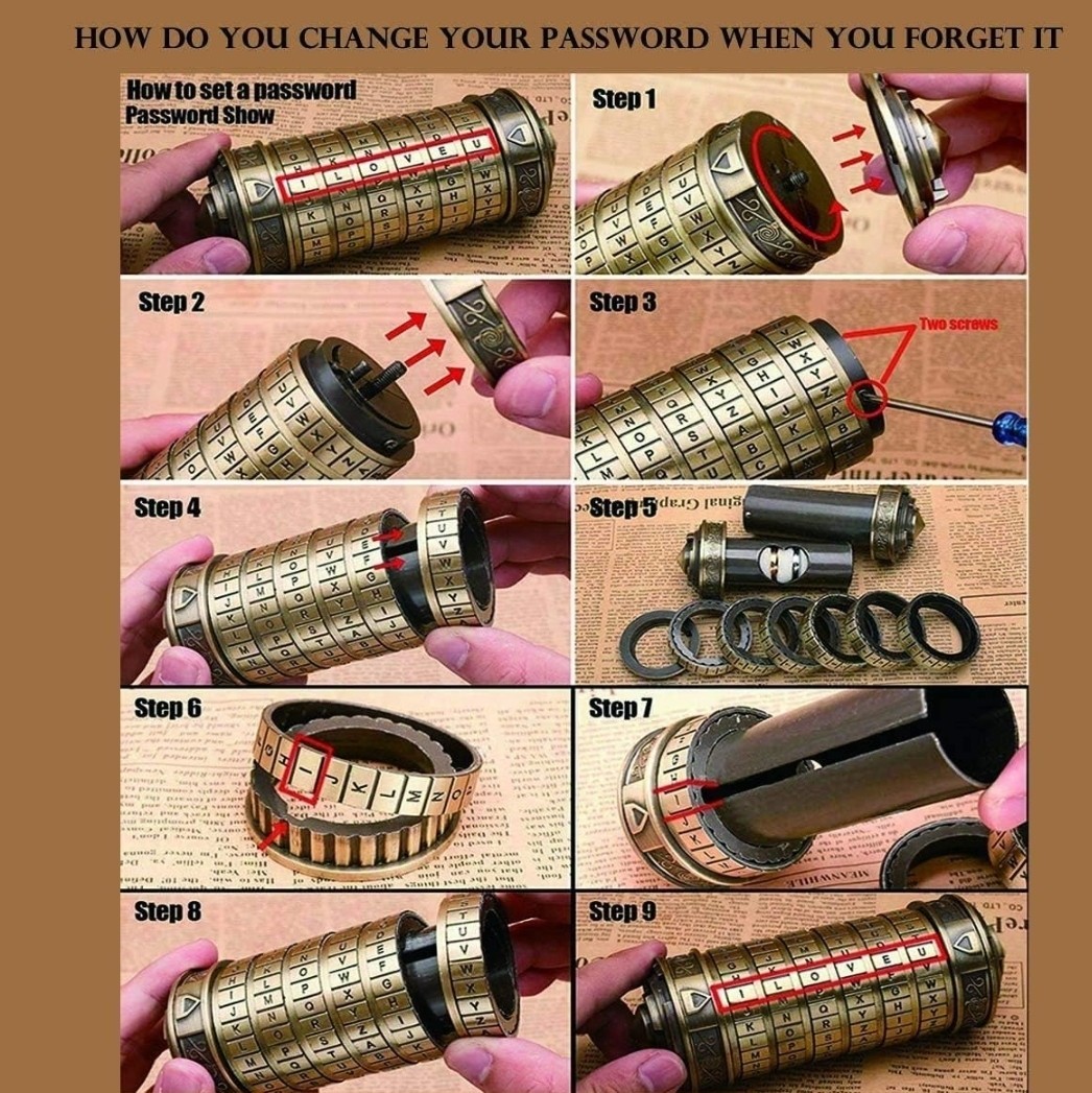 Cryptex – Šifra mistra Leonarda: Mechanický hlavolam a dárková schránka s nastavitelným kódem (Mosaz)