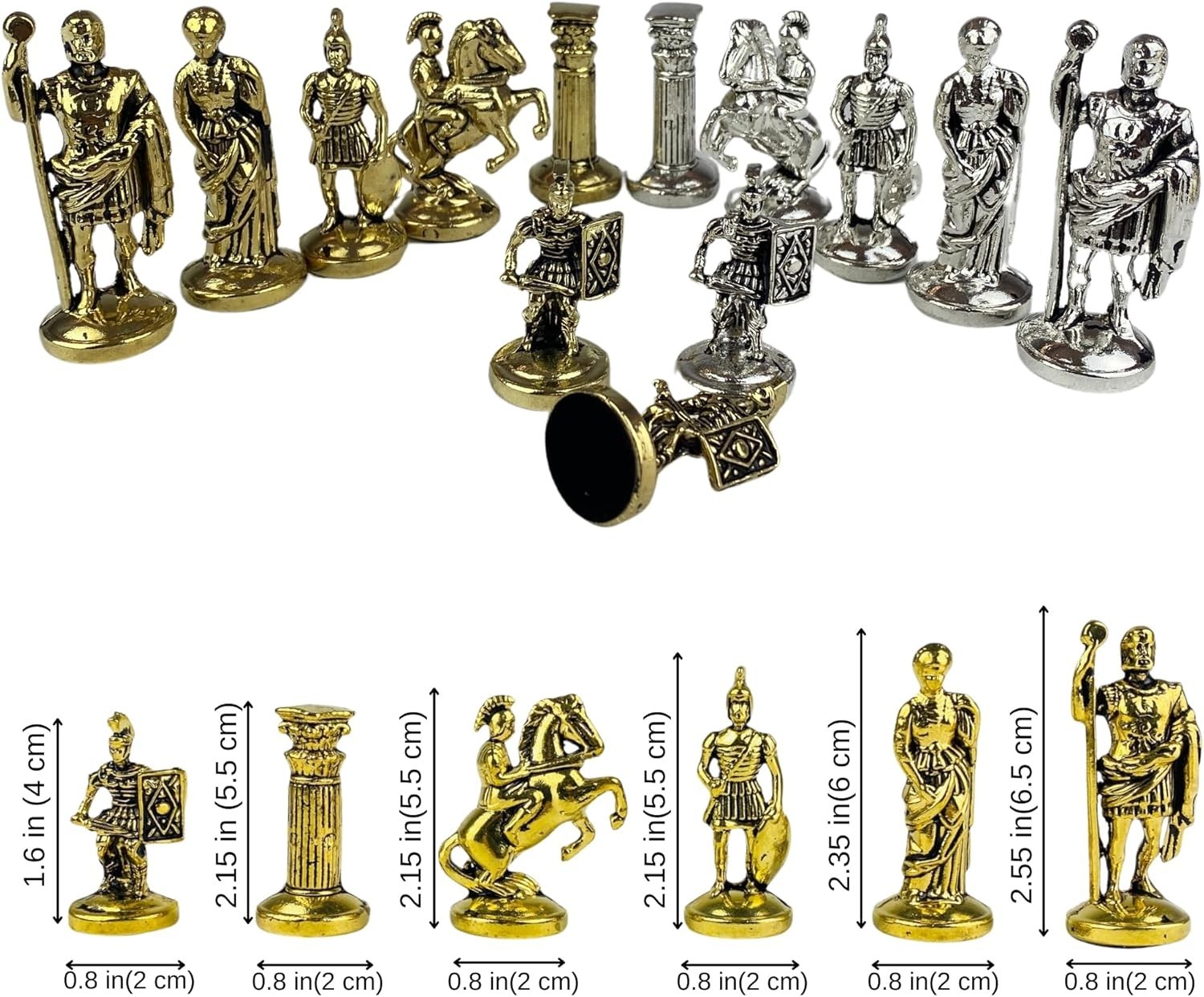 Luxusní šachová sada Římská říše – Ručně vykládaná dřevěná šachovnice a kovové figurky