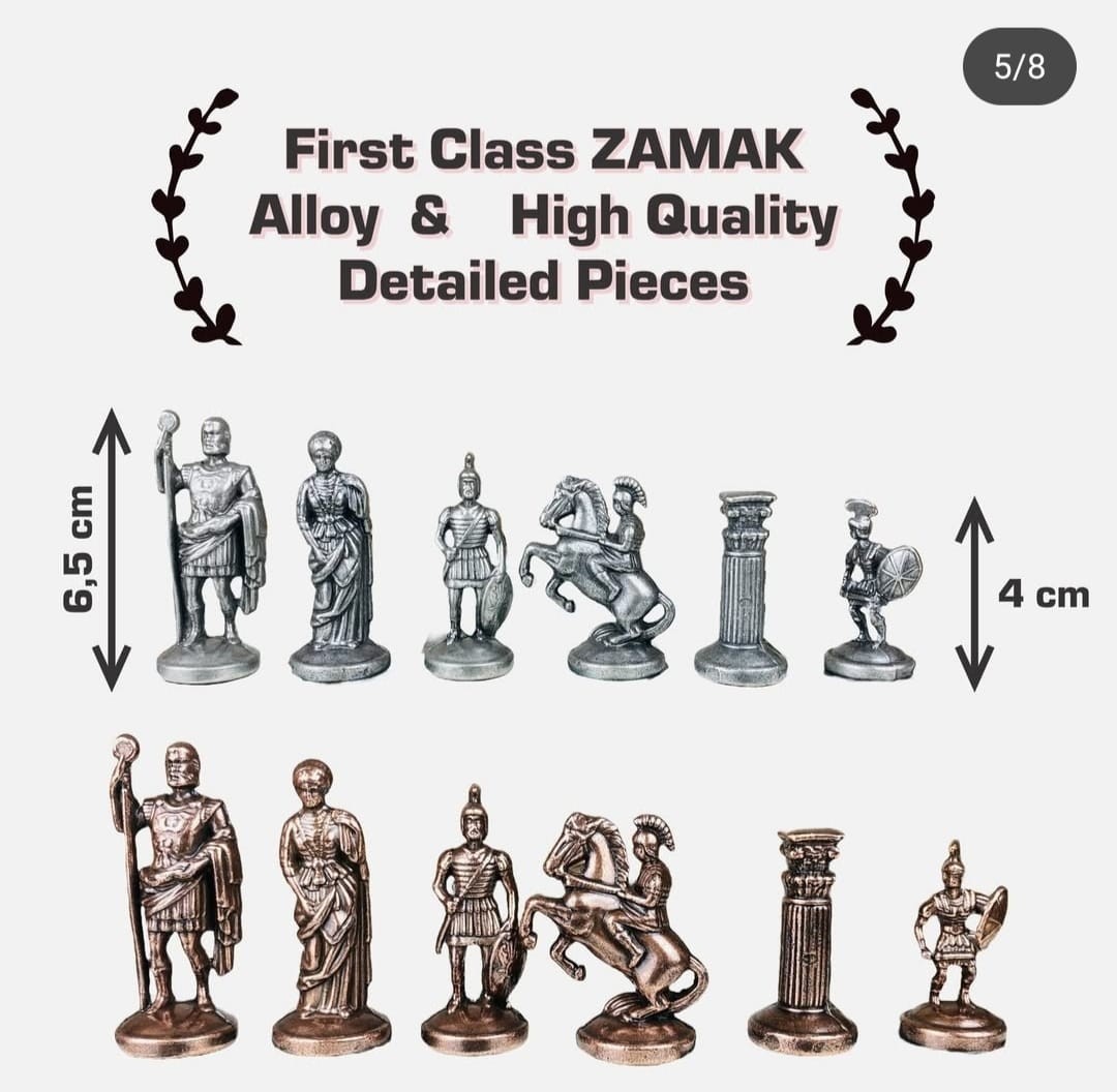 Luxusní římská šachová sada – Ručně vykládaná dřevěná deska a kovové figurky