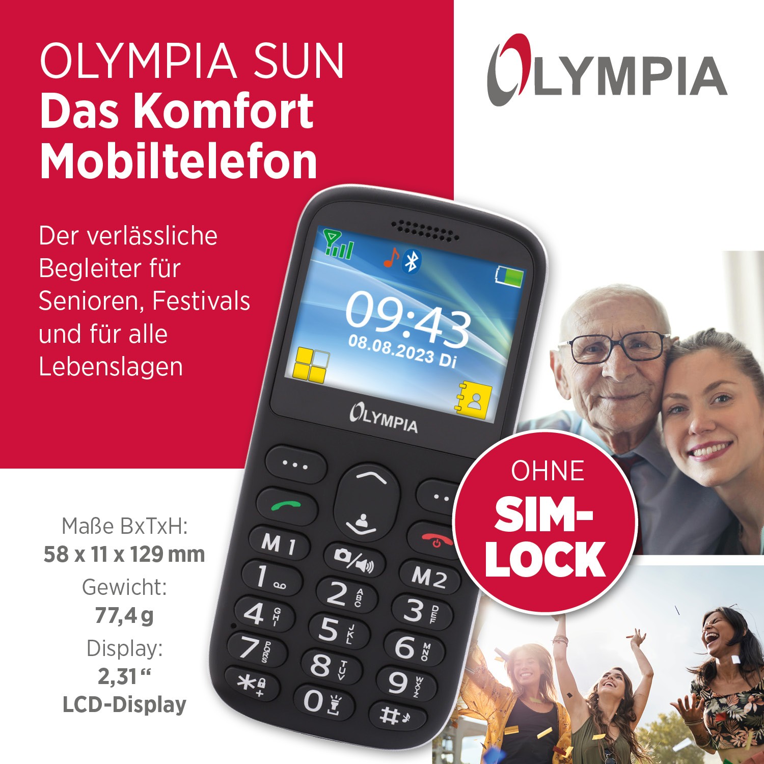 SUN Comfort mobilní telefon pro seniory s velkými tlačítky a velkým barevným LCD displejem černý