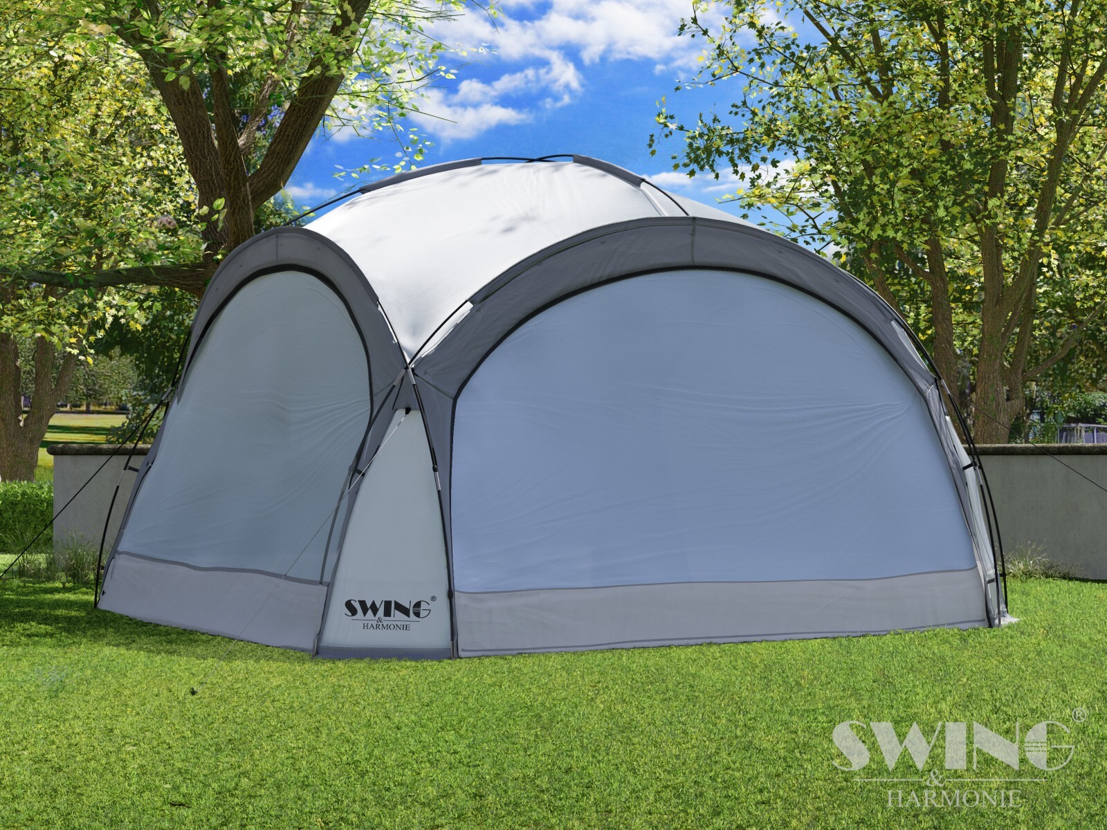 LED zahradní altán DomeShelter XXL 4,5 x 4,5 m – párty stan se solárním osvětlením, bočnicemi a moskytiérou