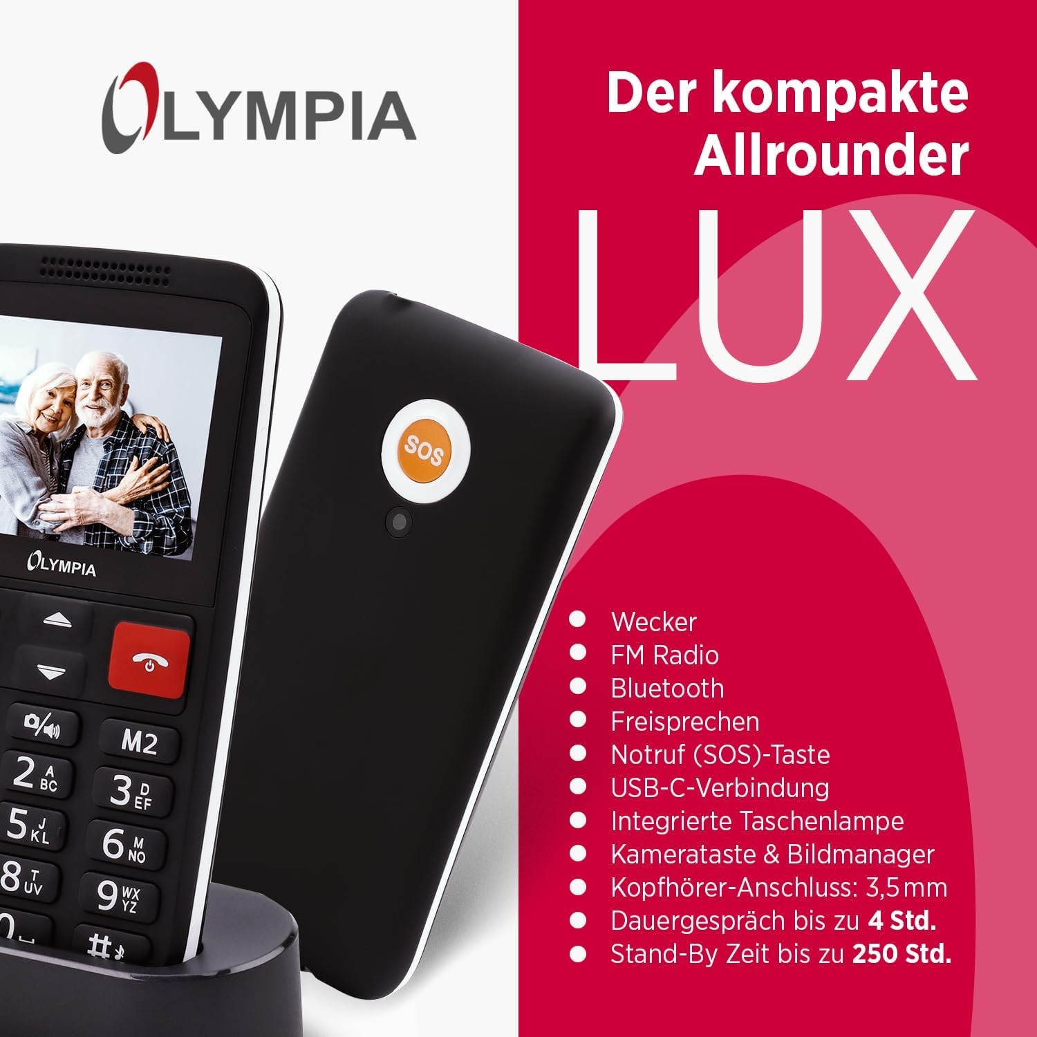 Komfortní mobilní telefon LUX velká tlačítka 2,4" barevný displej SOS tlačítko Dual SIM kamera