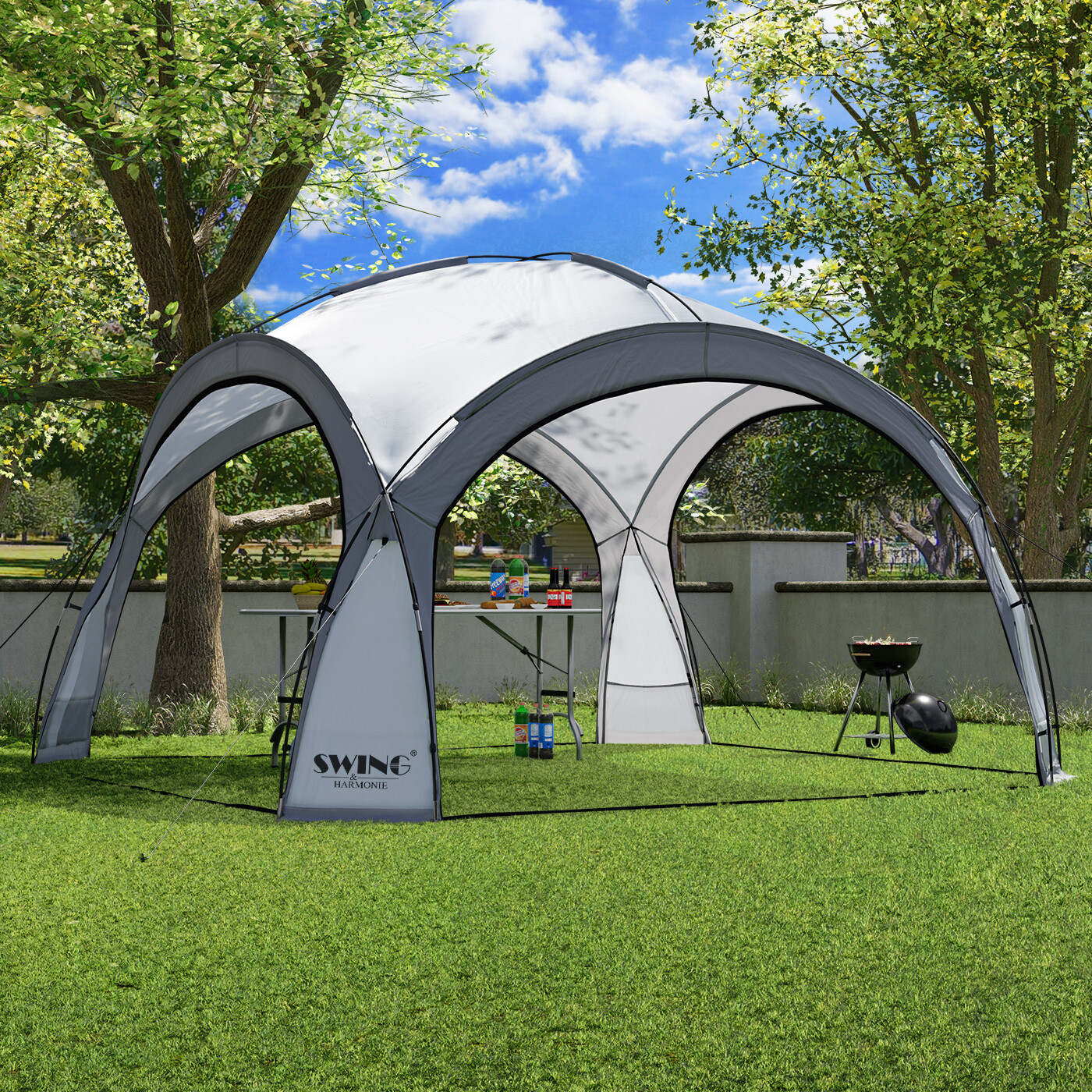 LED zahradní altán DomeShelter XXL 4,5 x 4,5 m – párty stan se solárním osvětlením, bočnicemi a moskytiérou