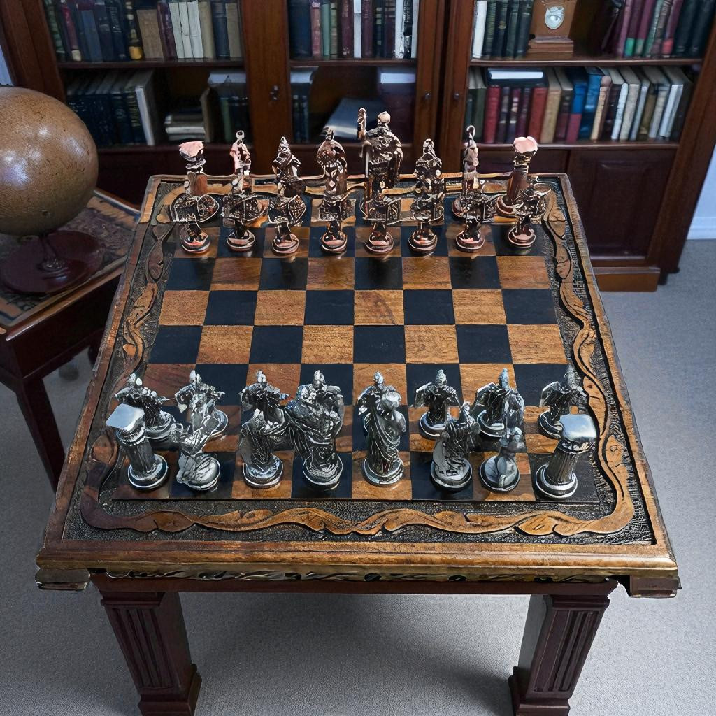 Ručně vyráběná šachová sada Římské říše - starožitná ořechová deska, luxusní dárek 🎁