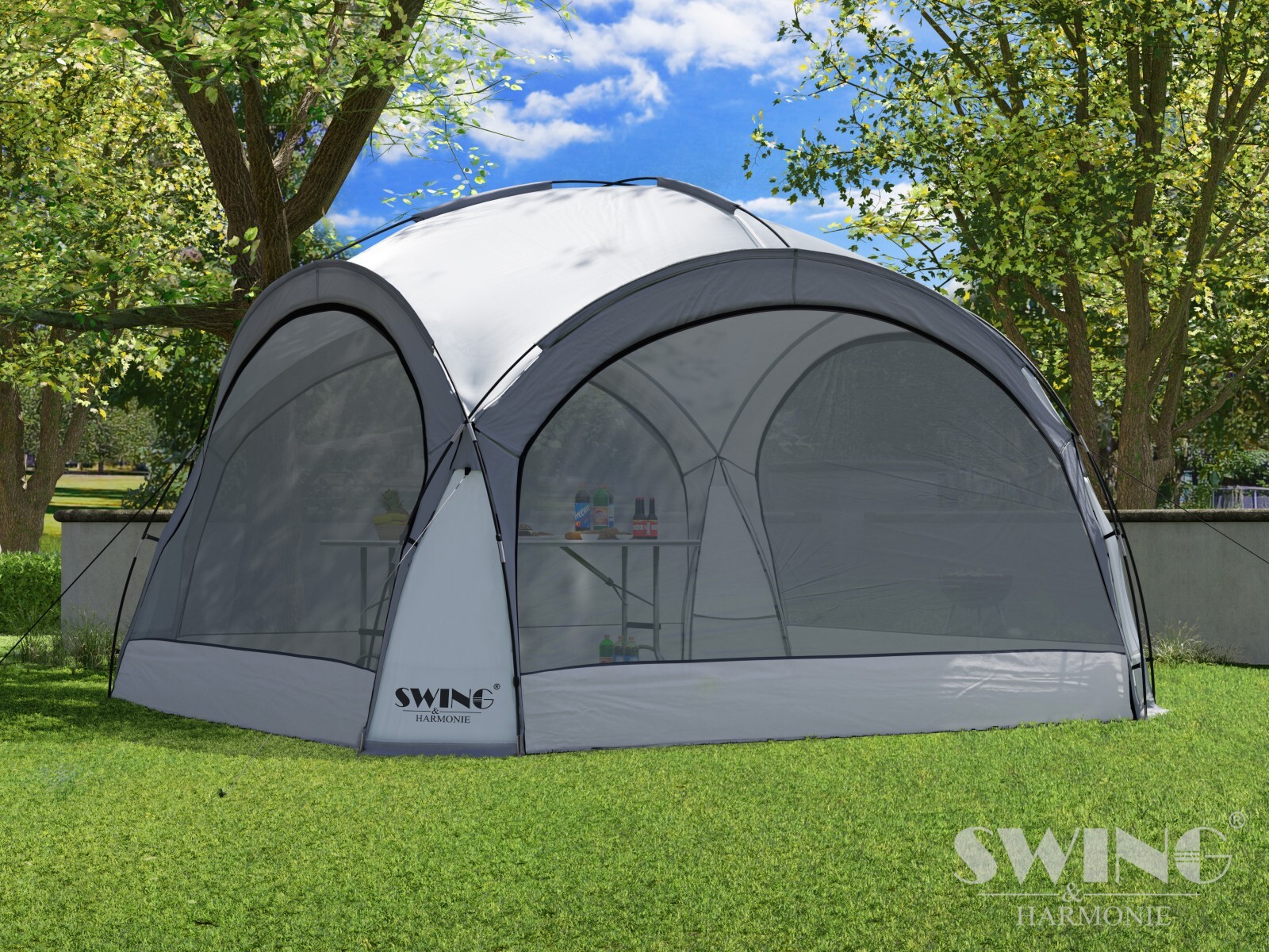 LED zahradní altán DomeShelter XXL 4,5 x 4,5 m – párty stan se solárním osvětlením, bočnicemi a moskytiérou