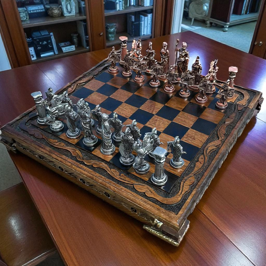 Ručně vyráběná šachová sada Římské říše - starožitná ořechová deska, luxusní dárek 🎁