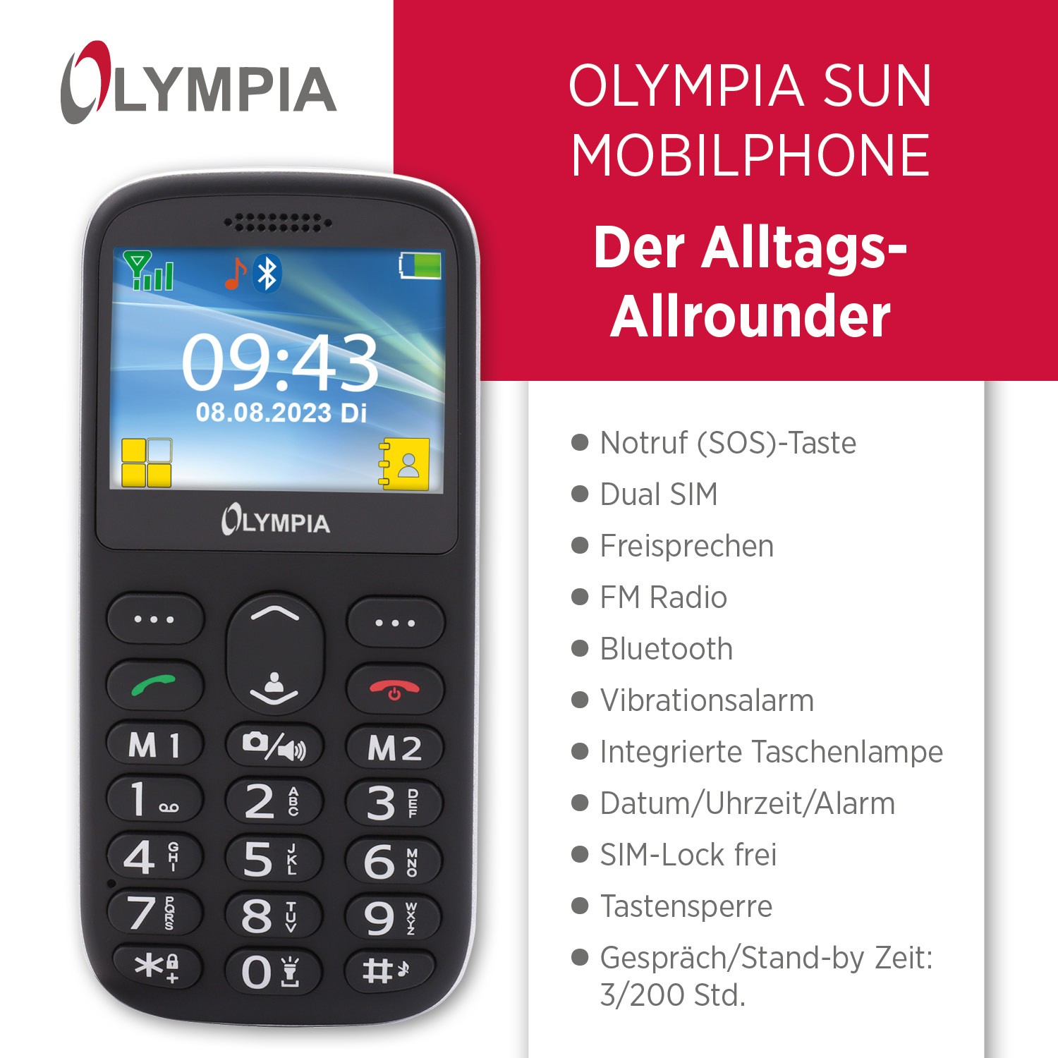 SUN Comfort mobilní telefon pro seniory s velkými tlačítky a velkým barevným LCD displejem černý