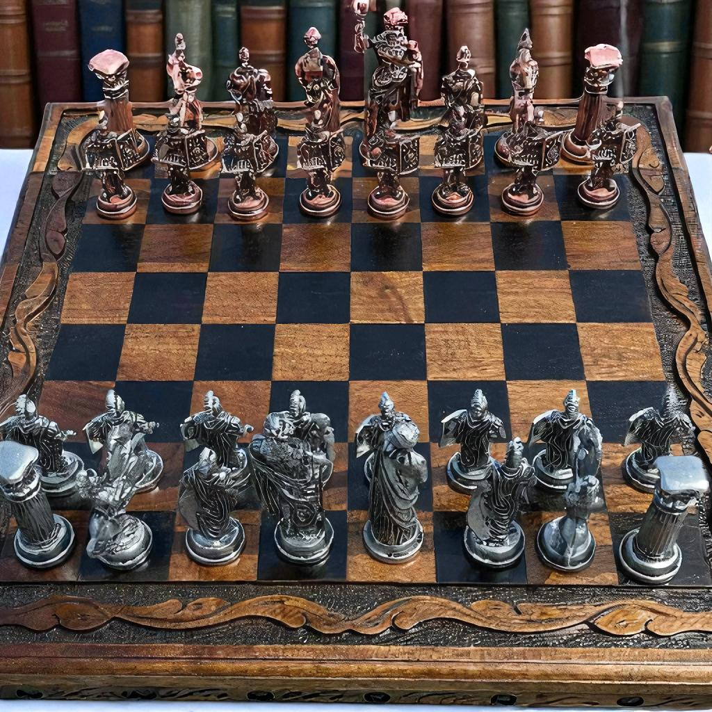 Ručně vyráběná šachová sada Římské říše - starožitná ořechová deska, luxusní dárek 🎁