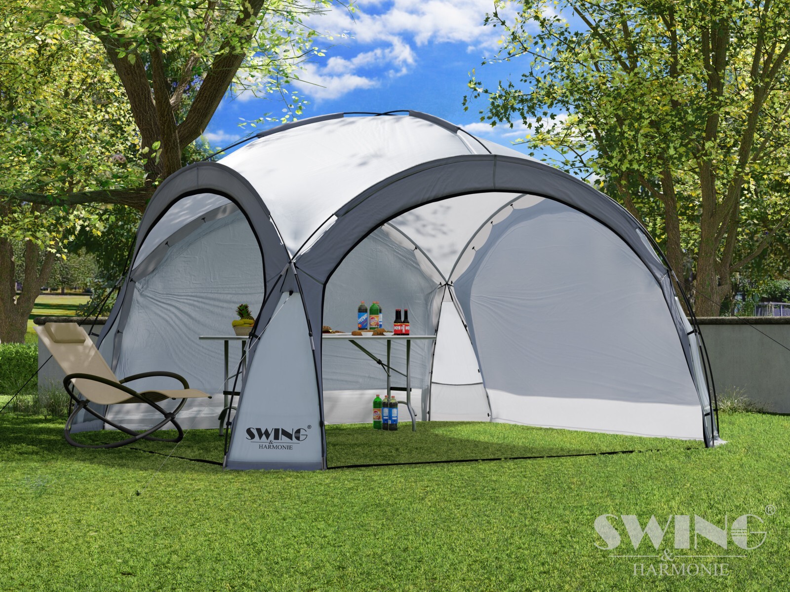 LED zahradní altán DomeShelter XXL 4,5 x 4,5 m – párty stan se solárním osvětlením, bočnicemi a moskytiérou